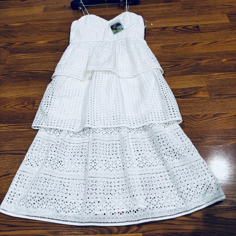Self-Portrait White Bridal Broderie Anglaise Cotton Voile Tiered Midi Dress 6 - Picture 12 of 13